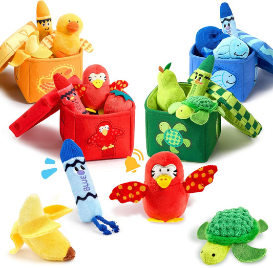 JoyCat Montessori Baby Toys 6-12 Months, 12 PCS Sensory Color Sorting Boxes with Animal Fruit Crinkle Crayon Pushies, First Learning Toys for 1 Year Old Baby Toys 0-12 Months