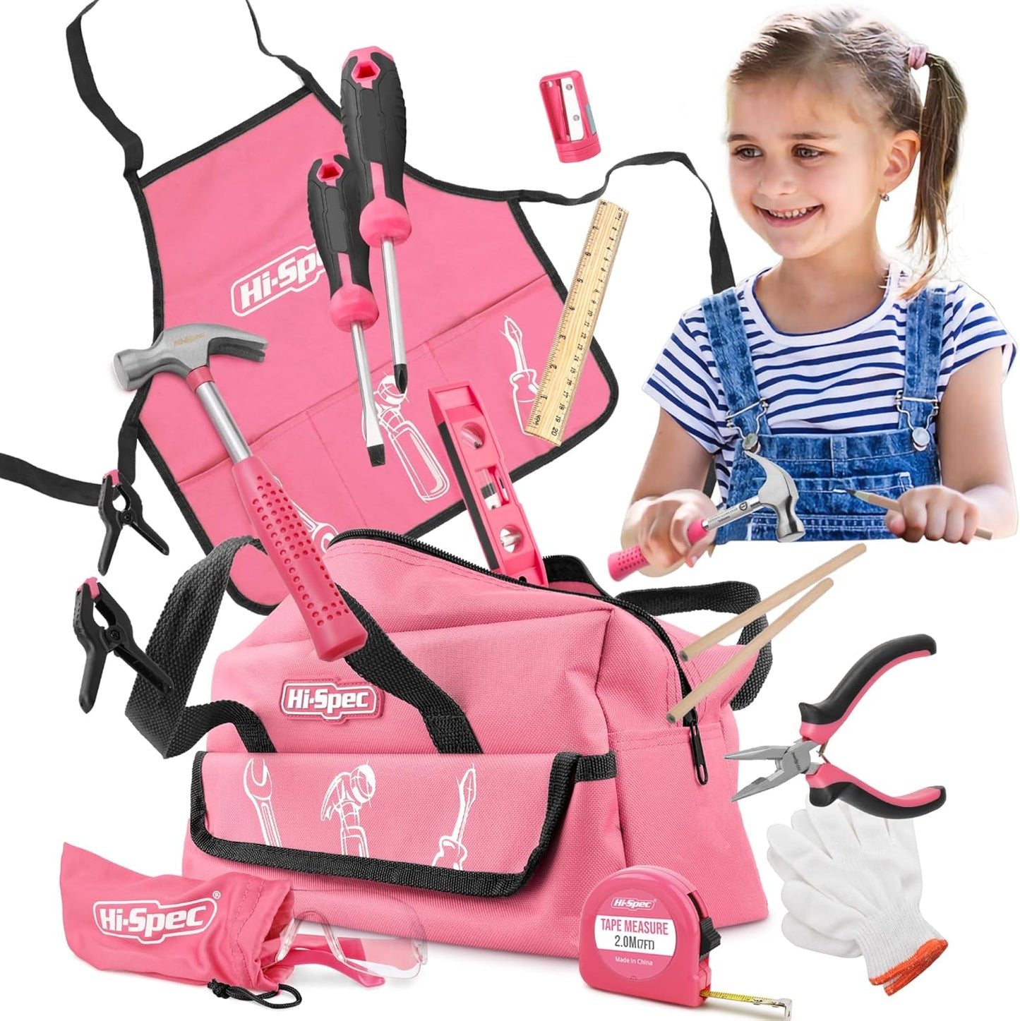 Hi-Spec 16pc Orange Kids Tool Kit Set & Child Size Tool Belt. Real Kit for DIY Building, Woodwork & Construction Learning for Kids