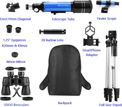 Lunar Telescope for Kids and Astronomy Beginners, Refractor Telescope with Finder Scope and 3 Eyepieces, Travel Telescope with Compact HD Binoculars for Moon Viewing Bird Watching Sightseeing