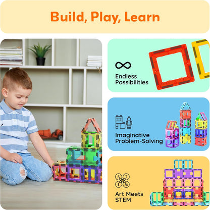 PicassoTiles 42pcs Magnetic Tiles Magnet Blocks See-Through Shape STEM Toys Building Block Educational Playset Compatible with Major Brand Tile -Starter Set for Boys and Girls Toddlers Ages 3+ PT42