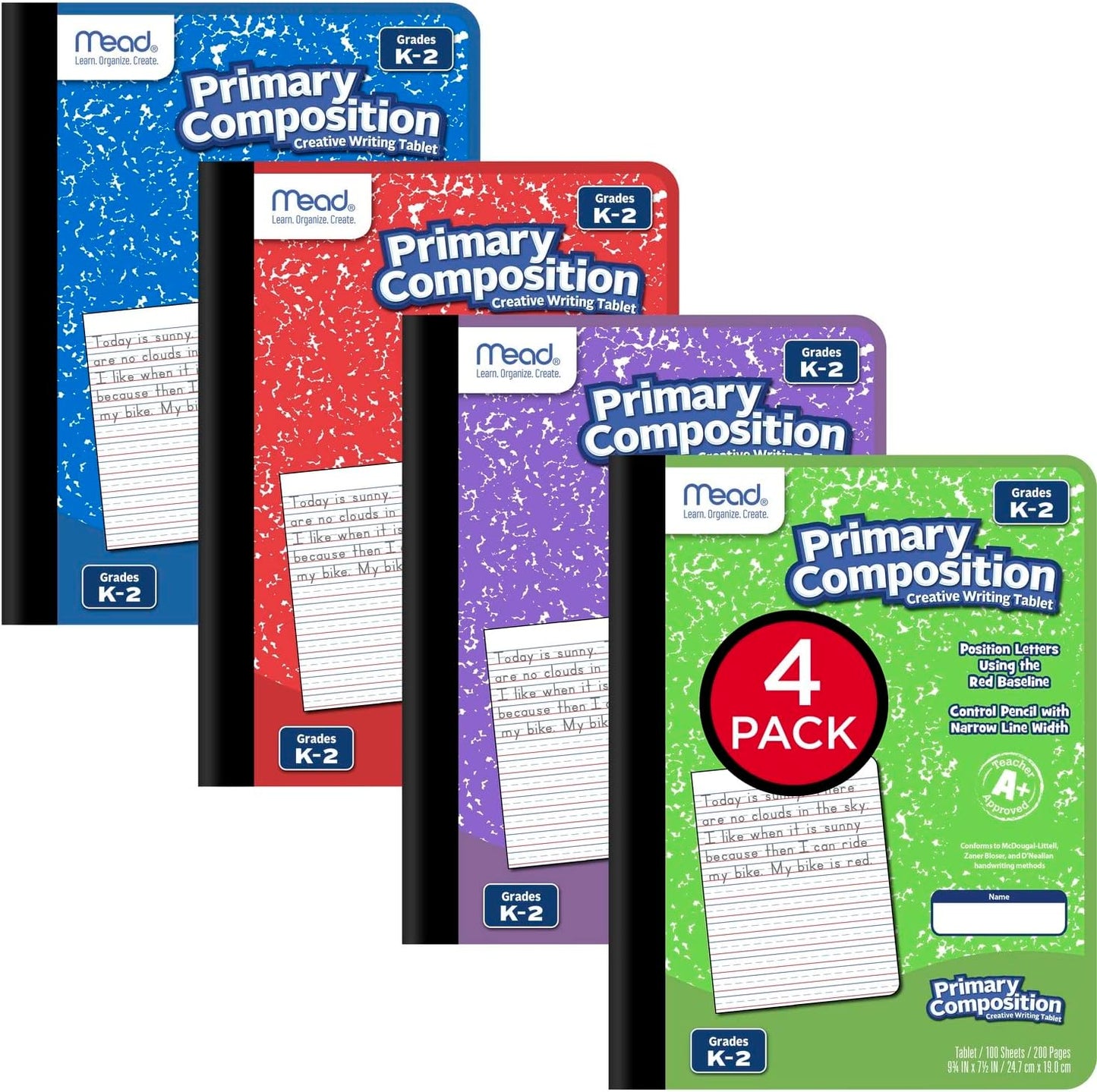 Mead Learn to Letter Writing Tablet, Handwriting Practice Pad Grades PK-1, 10" x 8", Solid & Dotted Raised Ruling, 40 Sheets, 4 Pack (480018)