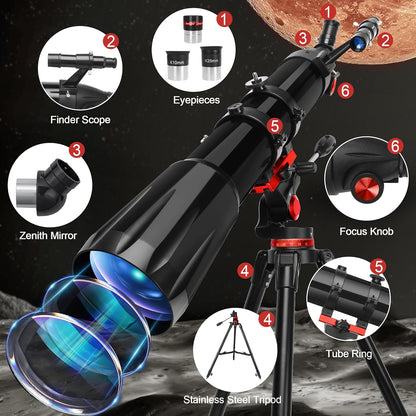 HETEKAN Telescope, Telescope for Adults High Powered, 90mm Aperture 900mm Refractor Telescopes for Kids & Beginners, Magnification 450X,for Planet Observation with Stainless Tripod & Phone Adapter