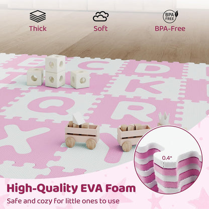 HONEY JOY Foam Floor Tiles for Kids, 12.5” x 12.5” EVA 26-Piece Interlocking Alphabet Puzzle Play Mat, Non-Slip Large Soft Carpet Rug, Easy to Clean, for Baby Crawling Exercise, Playroom (Pink)