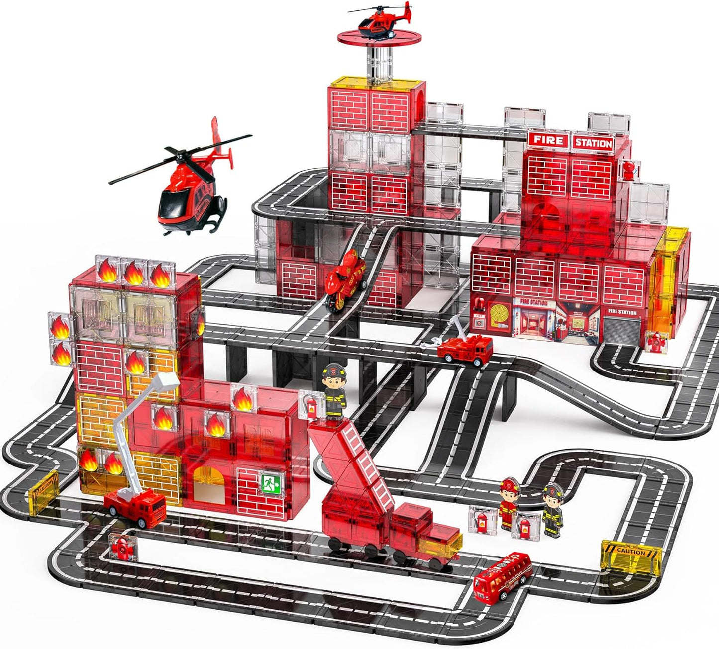 SKTMYY Magnetic Tiles Construction Toys with Road & Crane & Marble Run, Double-Sided Fire Station & Building Magnet Tiles for Kids Ages 4-8, STEM Magnetic Blocks Gifts for 3 4 5 6 7 8 Year Old Boys