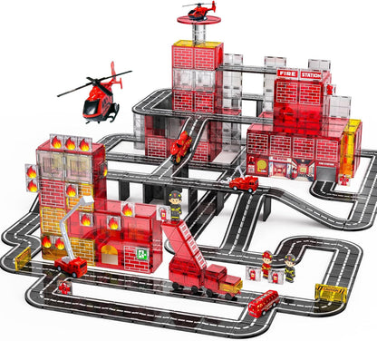 SKTMYY Magnetic Tiles Construction Toys with Road & Crane & Marble Run, Double-Sided Fire Station & Building Magnet Tiles for Kids Ages 4-8, STEM Magnetic Blocks Gifts for 3 4 5 6 7 8 Year Old Boys