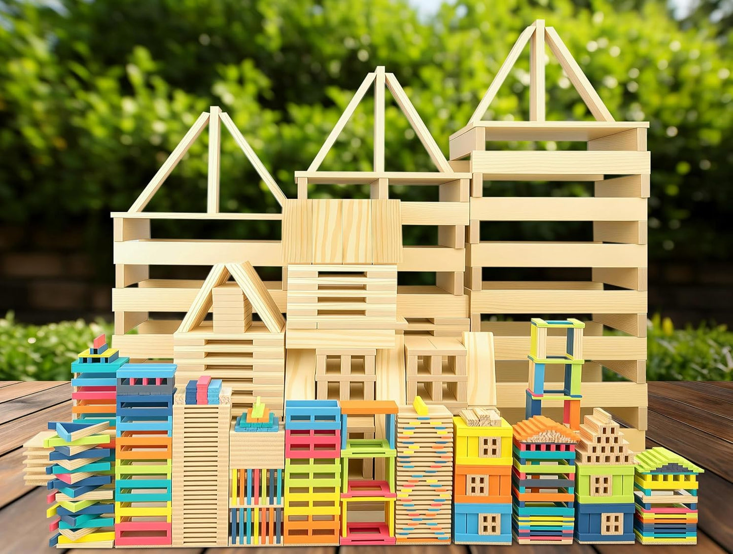 Premium 300 Pcs Natural Wooden Building Blocks for Kids Ages 3-12,Pine STEM Construction Toy - Open-Ended Classic Building Blocks Set for Castles, Bridges & Towers, Educational Learning Gift (4.7 in)
