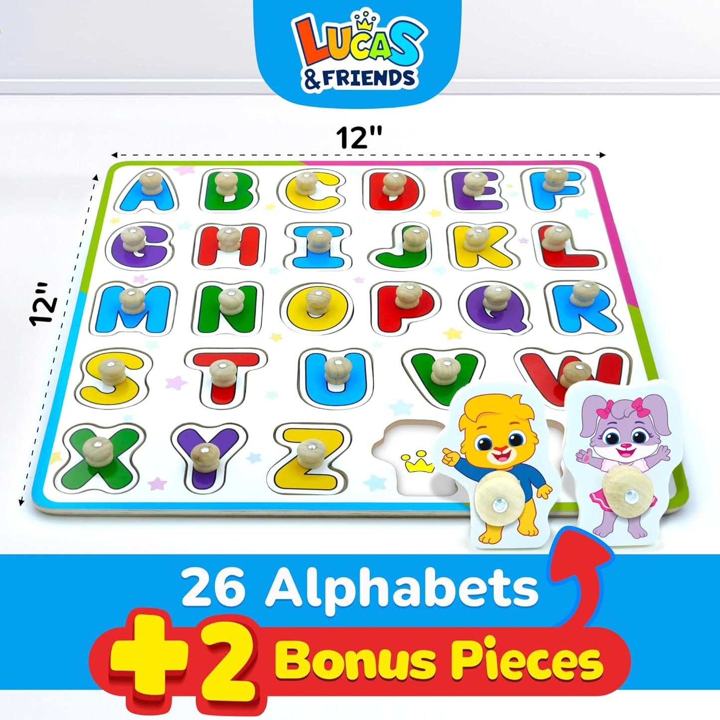 ABC Puzzle for Toddlers, Wooden Montessori Toys for Baby Boys and Girls, ABC Alphabets Learning for Toddler, Educational Alphabet Learning Toys, Peg Puzzle Board for Preschool Kids by Lucas & Friends