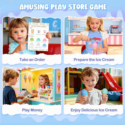 Wooden Ice Cream Toy, Ice Cream Counter Playset for Kids, Toddler Pretend Play Kitchen Accessories with Colorful Apron, Scoop, Menu, Fake Money, Birthday Gift Toys for 2 3 4 5 6 Year Old Boys Girls