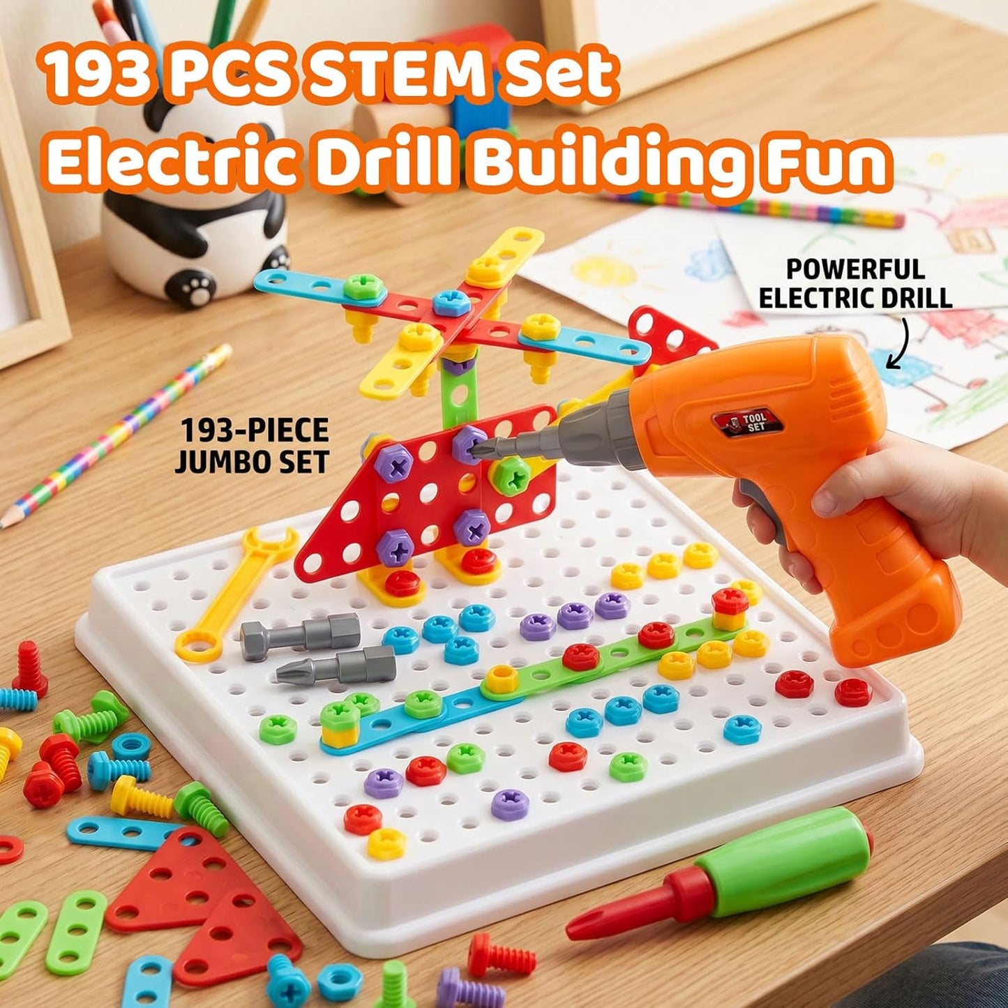 STEM Drill & Build Kit for Kids Ages 3-8 | Electric Toy Drill with 193+ Pieces (Screws, Nuts, Rainbow Fasteners) | Creative Design Construction Toys for Boys Girls | Gift for Birthdays, Christmas