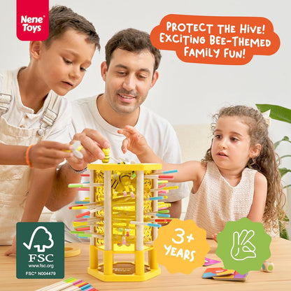 Nene Toys BeeFall Jumbo, 4-in-1 Wooden Honey Bee Toy for Kids Ages 3-9 - Educational Game with Wooden Honeybee Hive, 12 Bees, Colorful Sticks, Dice & Cards - Fun Family Game for Cognitive Development