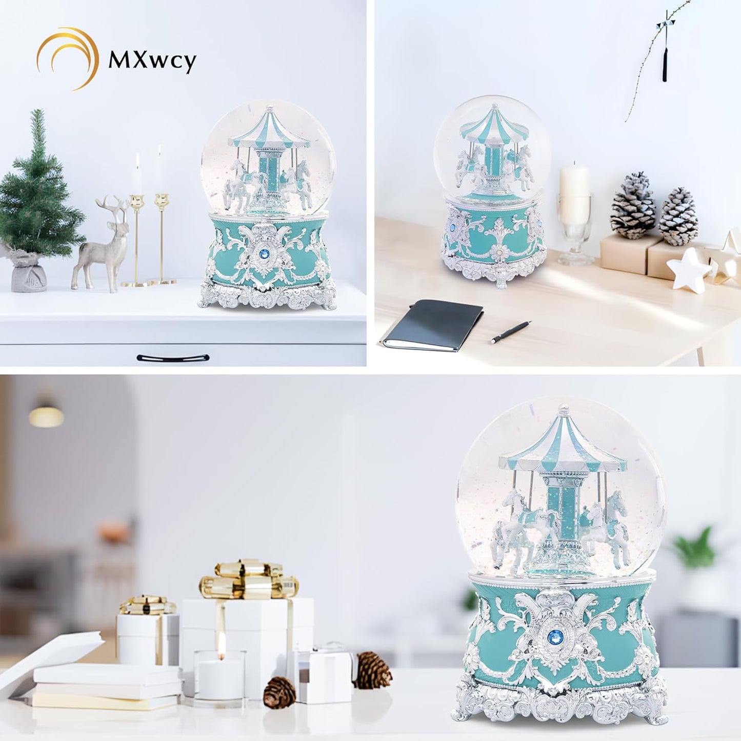 Carousel Music Box Gold & Ivory Christmas Snow Globes, 8.3" Rotate Carousel Snow Globe for Kids & Adults, Classic Wind up Musical Snow Globe Birthday Gifts for Women Girls, Carousel Horse Home Decor