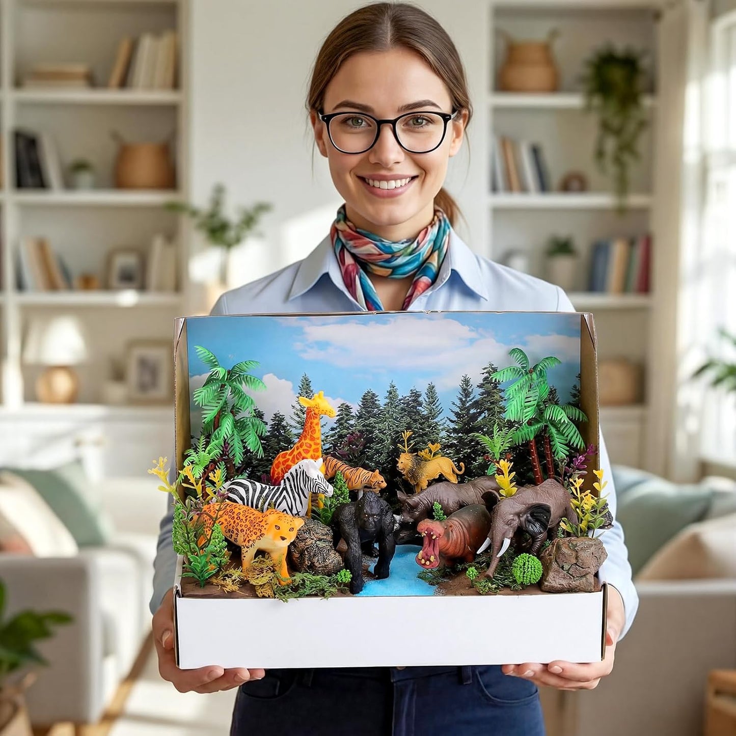 Teyva Daily 48 Pcs Dinosaur Diorama Kit Habitat Project Box Set 3D Dinosaurs Diorama Supplies Include Dinosaurs Model Figures & Eggs Volcano Artificial Trees with Cardboard for DIY Crafts Gifts