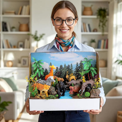 Teyva Daily 48 Pcs Dinosaur Diorama Kit Habitat Project Box Set 3D Dinosaurs Diorama Supplies Include Dinosaurs Model Figures & Eggs Volcano Artificial Trees with Cardboard for DIY Crafts Gifts