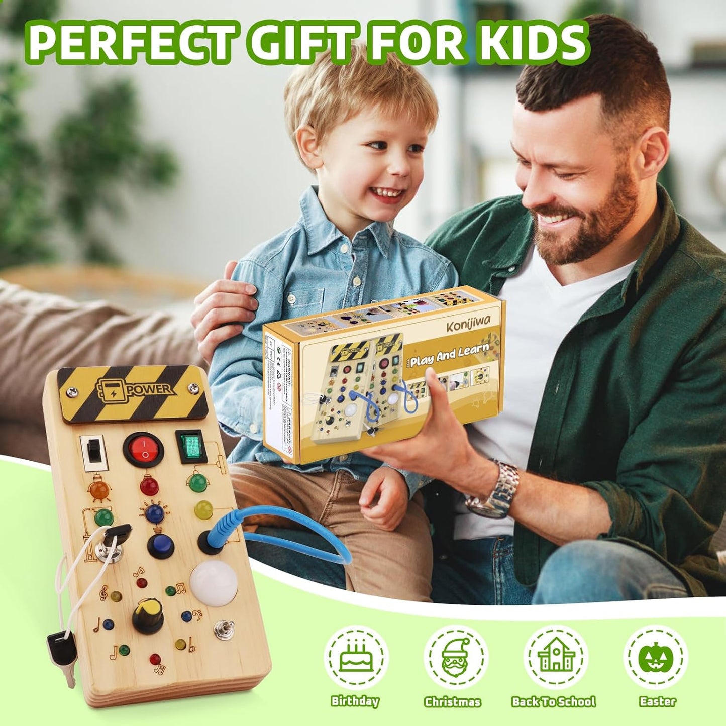 wakeInsa Busy Board with led Light， Sorting Sensory Travel Toys for Toddlers 1-3， Wooden Toddler Busy Board Montessori Toys for 1+ Year Old