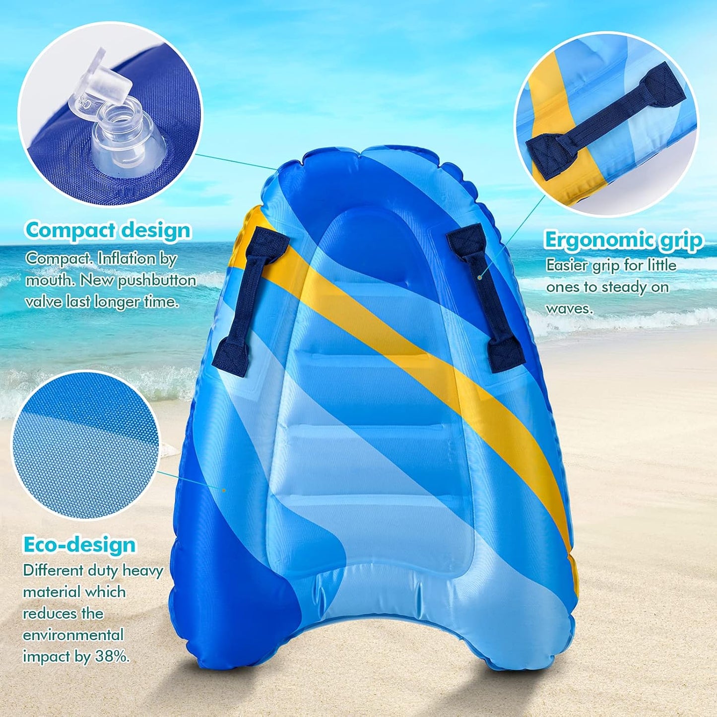 Inflatable Boogy Boards for Beach Travel Toys, 30” Cavas Slip Slide Water Park Body Surfing Board with Handles, Summer Fun Water Pool Game Toys for Kids 4,8,12 Ages