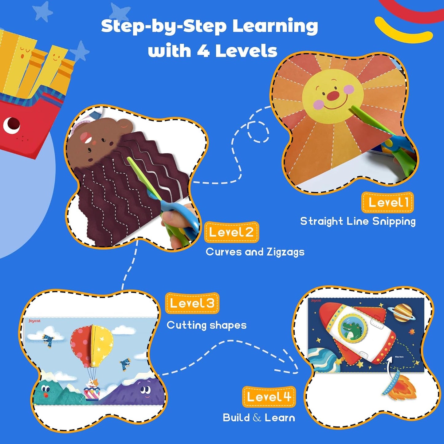 Toddler Scissor Skills Activity Book, 4 Progressive Levels to Learn Cutting for Kids Ages 3-6, 31 Fun Crafts with Child-Safe Scissors, Develop Fine Motor Skills, Ideal Christmas Gift & Arts and Crafts