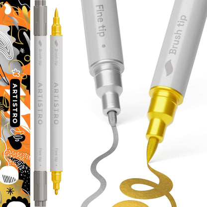 ARTISTRO 2 Gold & Silver Dual-Tip Acrylic Paint Pens - Multisurface Markers for Glass, Rock, Fabric, Wood, Plastic & More - 5mm Dot + 1mm Fine Tips