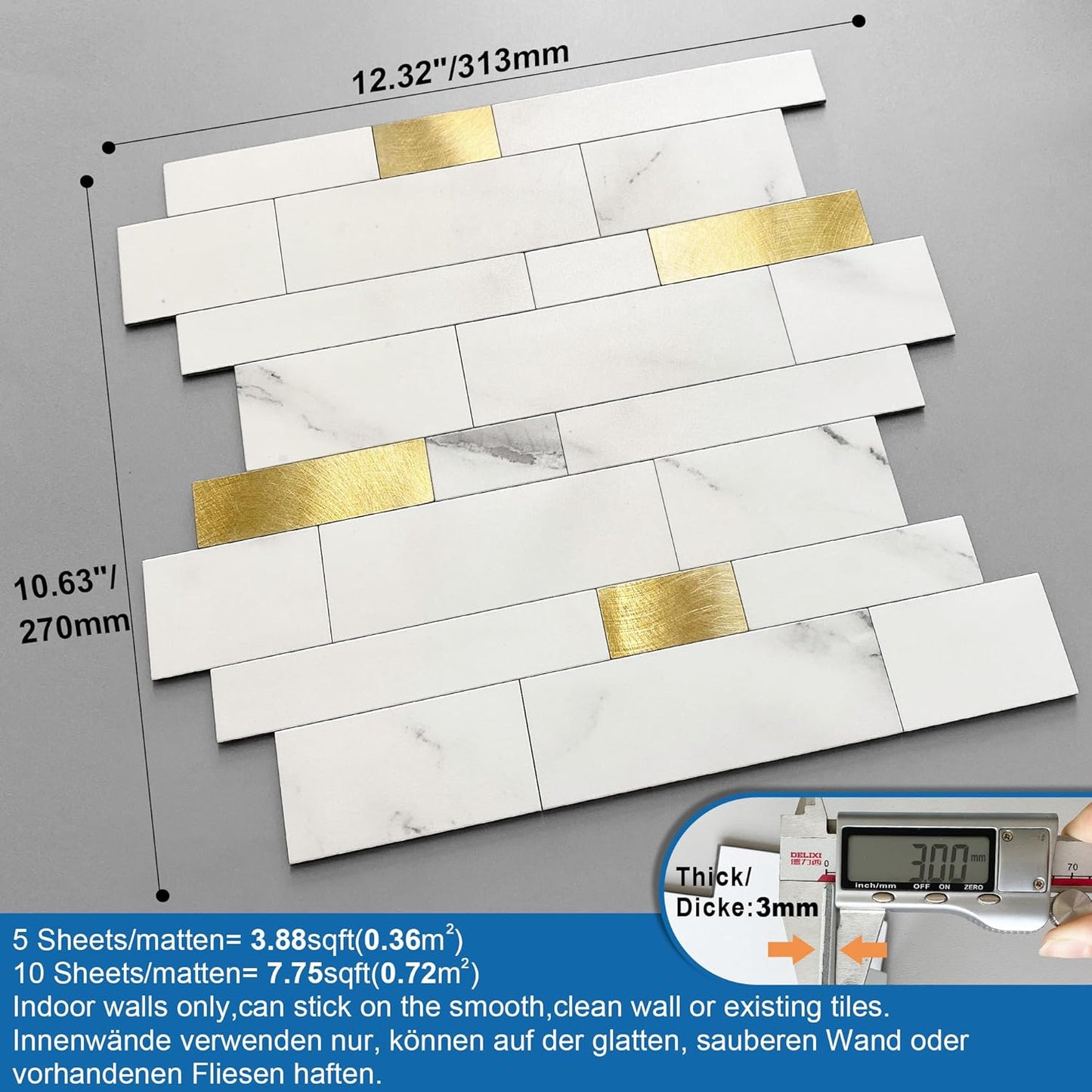 MOFIT Backsplash Tile for Kitchen Peel and Stick Stone Matte Finish,Bathroom Tiles Stickers 3D Wall Panel Linear Mosaic Marble Backsplash Waterproof(5sheets,Blue Green Gray)