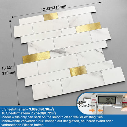 MOFIT Backsplash Tile for Kitchen Peel and Stick Stone Matte Finish,Bathroom Tiles Stickers 3D Wall Panel Linear Mosaic Marble Backsplash Waterproof(5sheets,Blue Green Gray)