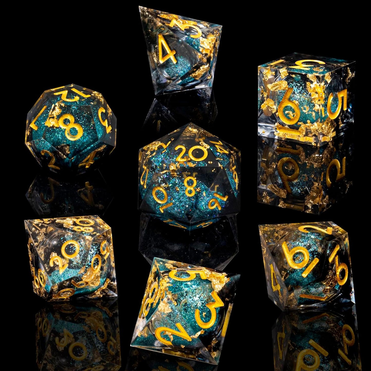 Liquid Core DND Dice Set, 7pcs Sharp Edge Dice for Role Playing Dungeons and Dragons Ttrpg with Gift Box, Handmade Resin D&D Dice RPG Role Playing Games Dice Set(Blue Gold)