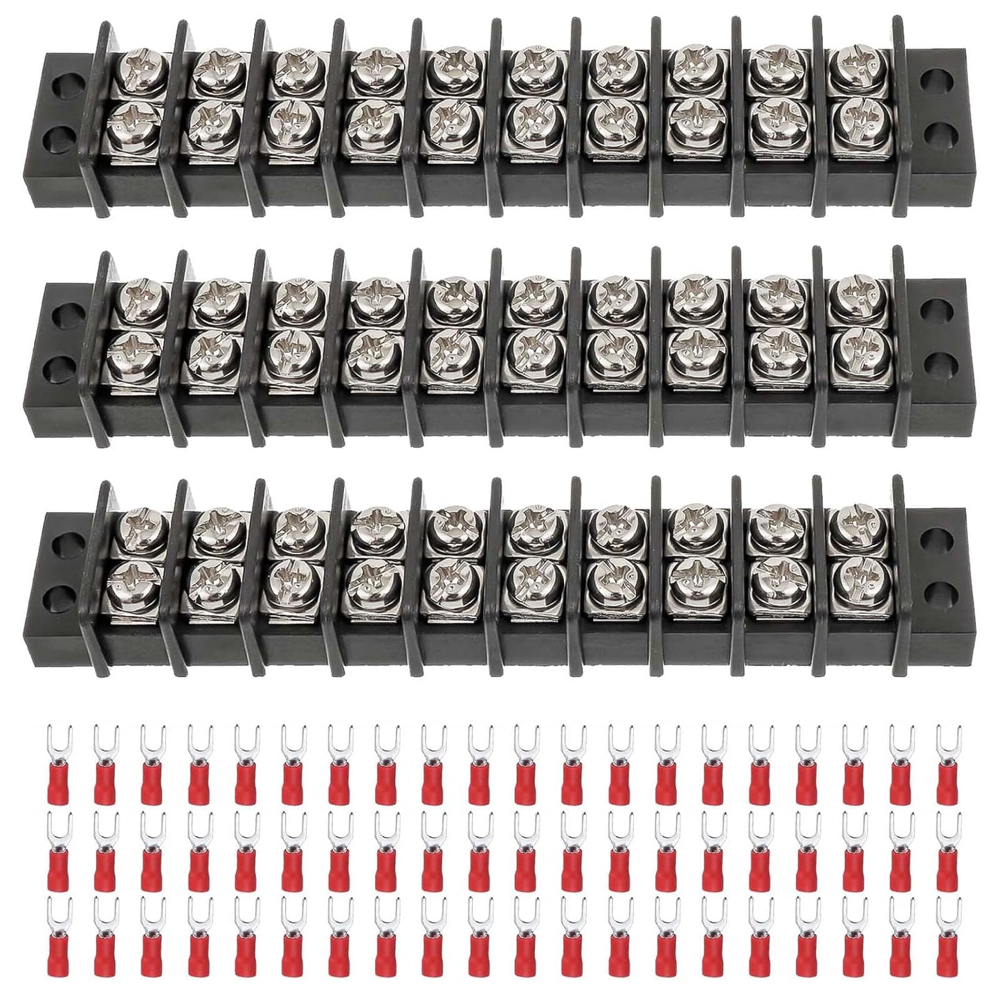 3sets 10 Position Terminal Strips， Dual Screw Terminals Block Strip with 16-14AWG Insulated Fork Wire Connectors for Electrical Wiring