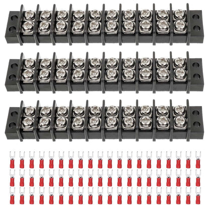 3sets 10 Position Terminal Strips， Dual Screw Terminals Block Strip with 16-14AWG Insulated Fork Wire Connectors for Electrical Wiring