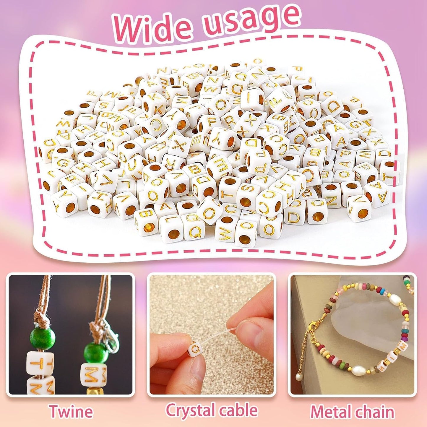 Letter Beads, Augshy 1400 Pcs Morandi Cube Alphabet Bead,Square Letter Beads with 1 Roll 10M Crystal String Cord (6mm)