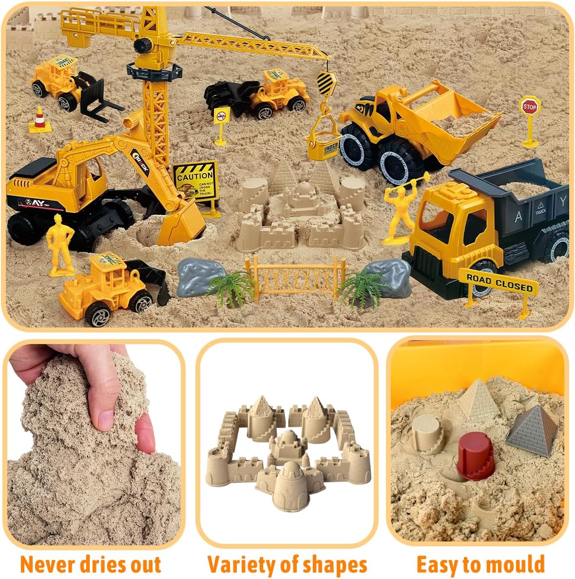 Construction Sensory Sand Kit - 42 PCS Building Set with 2lbs Magic Sand, 9 Construction Trucks, Foldable Roof Sandbox, Cranes, Road Signs & Tools | STEM Gift for Boys Ages 3-8
