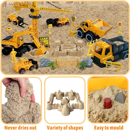 Construction Sensory Sand Kit - 42 PCS Building Set with 2lbs Magic Sand, 9 Construction Trucks, Foldable Roof Sandbox, Cranes, Road Signs & Tools | STEM Gift for Boys Ages 3-8