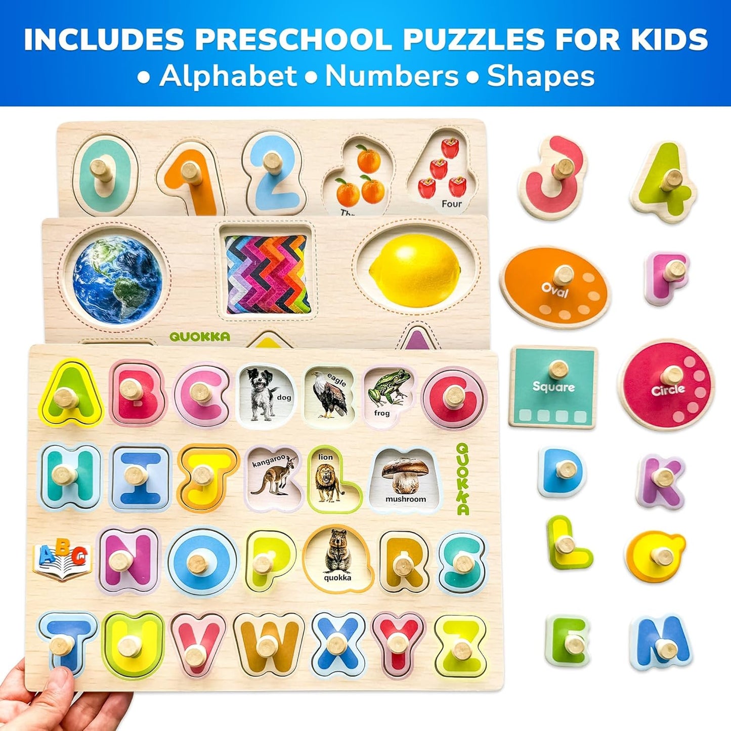 QUOKKA Wooden Puzzles for Toddlers 1-3 - 6XSET Toddler Puzzles Ages 2-4 with Rack - Learning Alphabet - Numbers - Animals Montessori Toy for Kids 3-5 - Wood Games Gift for Boys and Girls