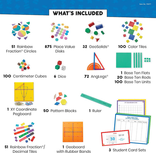 hand2mind Math Tools Small Group Sets 4-5 by Reagan Tunstall & Kristina Grant, Math Manipulatives, Base Ten Blocks, Color Tiles, Fraction Circles, Pattern Blocks, Place Value Chips, Classroom Supplies