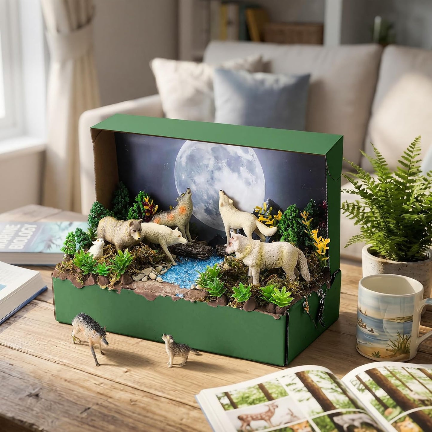 Teyva Daily 48 Pcs Dinosaur Diorama Kit Habitat Project Box Set 3D Dinosaurs Diorama Supplies Include Dinosaurs Model Figures & Eggs Volcano Artificial Trees with Cardboard for DIY Crafts Gifts