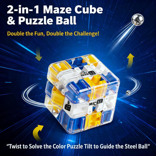 2-Pack 3D Maze Cube Puzzle, Battle Set for 2 Players, 2-in-1 Twist & Roll Brain Teaser Toys, Family Game Night & STEM Learning Gifts for Kids Teens (Blue & Yellow)