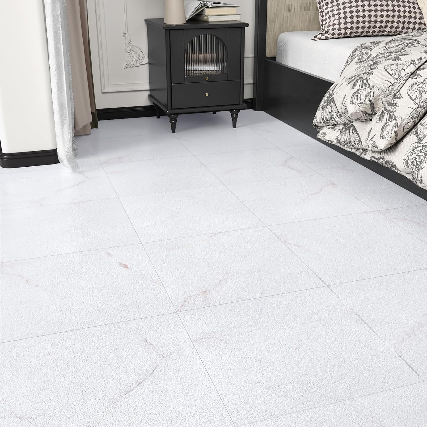 Wallercity White Marble Peel and Stick Vinyl Floor Tiles 6-Pack 12x12 Inches Self Adhesive Waterproof Flooring Planks for Bathroom Kitchen Bedrooms Stick on Floor Tiles Laminate Sheets Vinyl Flooring