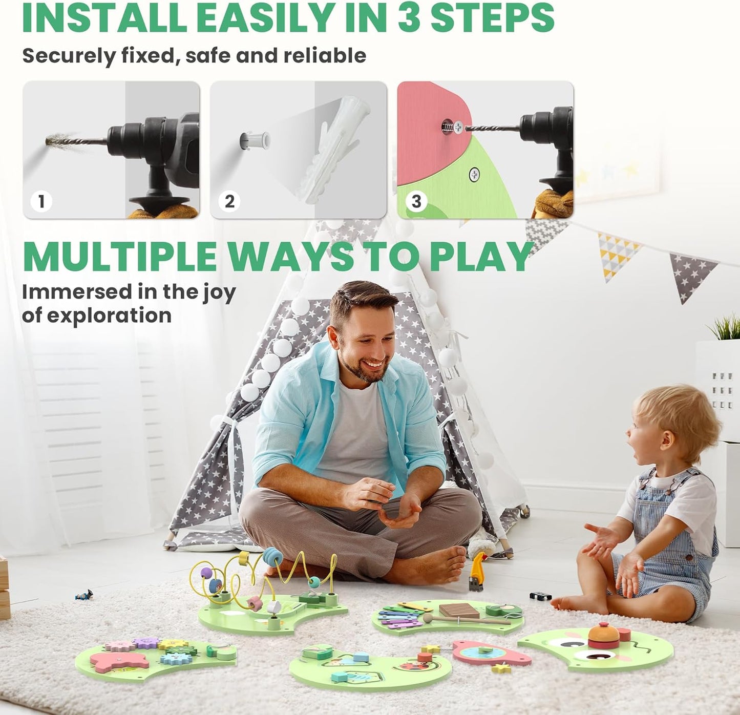 BlueWood Wooden Wall Busy Board Panels, Toddler Learning Activity Center, Montessori Philosophy Sensory, Educational Toys, Conducive to All-Round Development - Whale