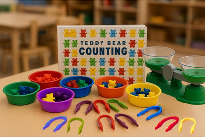 Teddy Bear Counting & Patterning Set – 96 Bears, 12 Easy Grip Tweezers, 6 Sorting Bowls, Books & Balance Scale for Preschool Math & STEM