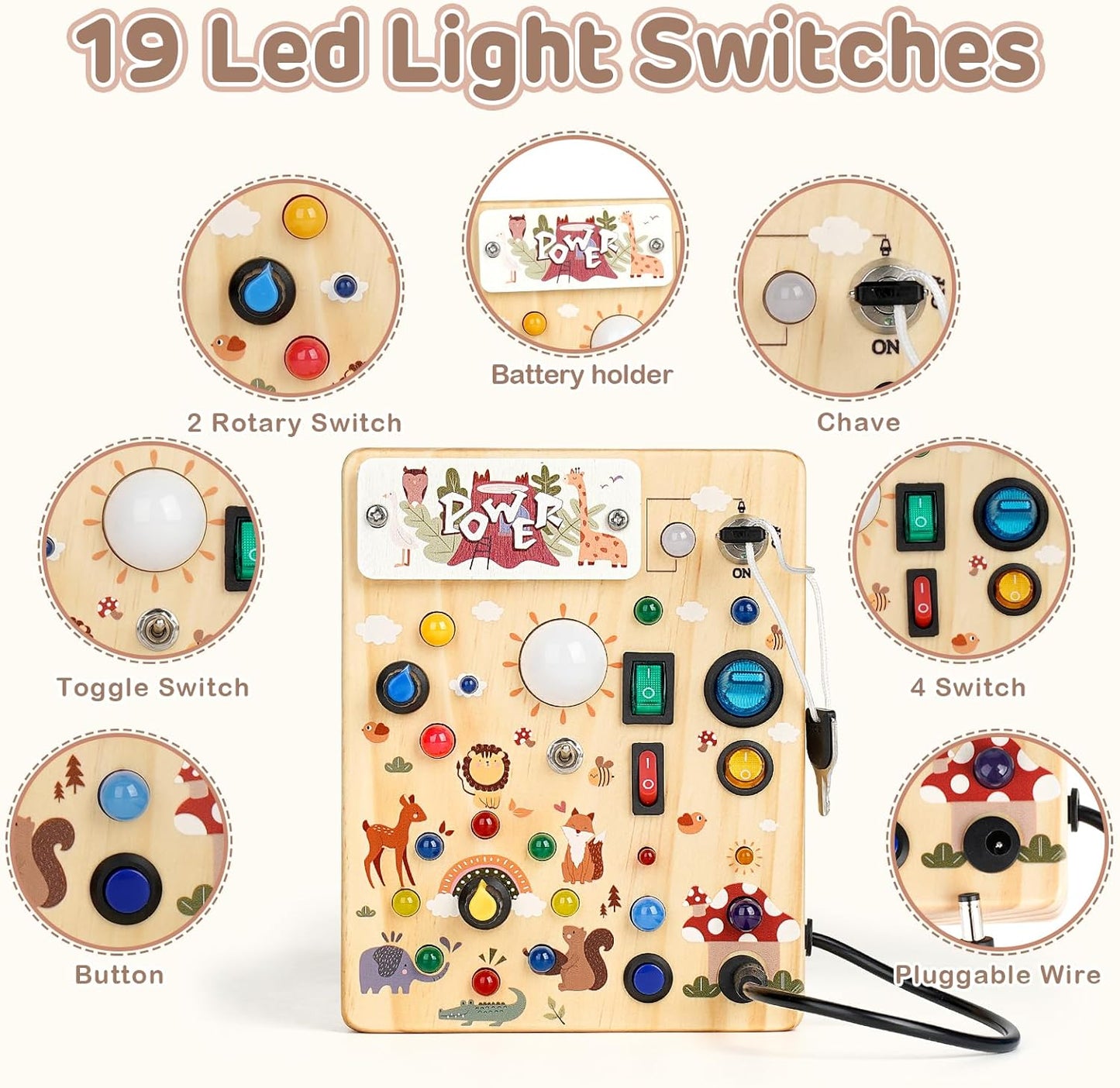Sanlebi LED Busy Board for Toddlers 1-3,Montessori Toy with Key Switch, Light Up Wood Activity Sensory Board for Fine Motor Skills, Educational Travel Toy Gift for 1 2 3 Year Old Boys Girl