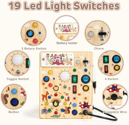 Sanlebi LED Busy Board for Toddlers 1-3,Montessori Toy with Key Switch, Light Up Wood Activity Sensory Board for Fine Motor Skills, Educational Travel Toy Gift for 1 2 3 Year Old Boys Girl