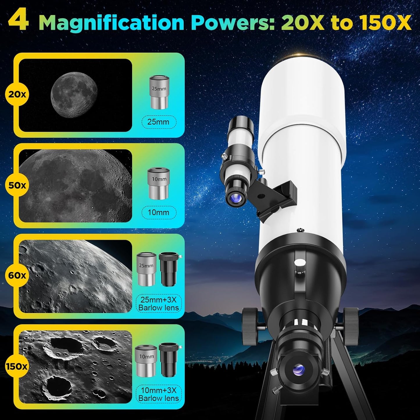 90mm Refractor Telescope for Adults & Kids 8+: 150X High Power, 500mm Focal Length, Professional Astronomical Scope with 133cm Tripod for Stargazing, Xmas Toy Gift for Beginners Boy Girls