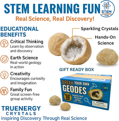 TruEnergy Jumbo Break Your Own Geodes – 2 Massive Natural Crystal Geodes 4.5 to 6.5 Inch, Easy Crack-Open Geology Specimens – Magnifying Glass & Geologist Guide – Gift Ready - [Jumbo]