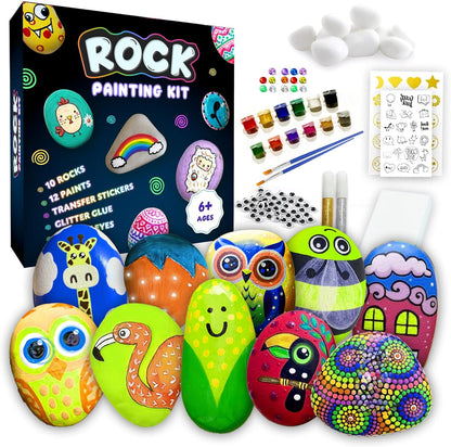Rock Painting Kit for Kids 6-12 - 90+ Pcs Arts and Crafts Kit for Kids Painting - 10 White Rocks, 12 Paint Colors, Glitter Glue, Googly Eyes & More - Rock Art Supplies- DIY Arts & Crafts Easter Gifts
