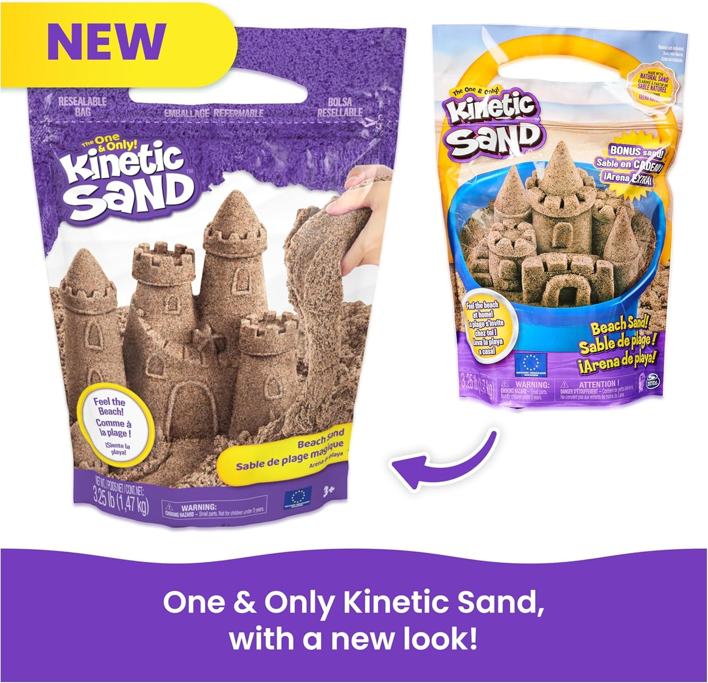 Kinetic Sand, 3.25lbs Beach Play Sand, Amazon Exclusive, Resealable Bag (Packaging May Vary), Sensory Toys, Holiday Gifts & Stocking Stuffers for Kids Ages 3 and up, Pack of 3