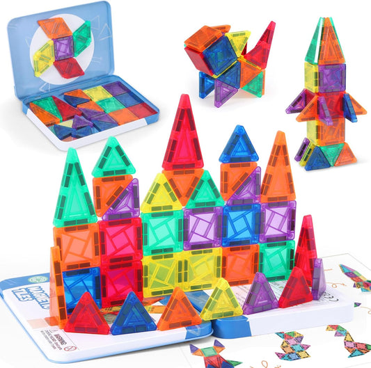 Magnetic Tiles Mini Travel Set with Case - Portable Magnetic Blocks Building for On-the-Go Play, Montessori STEAM Educational Sensory Toddler Toys for Boys Girls Ages 3+