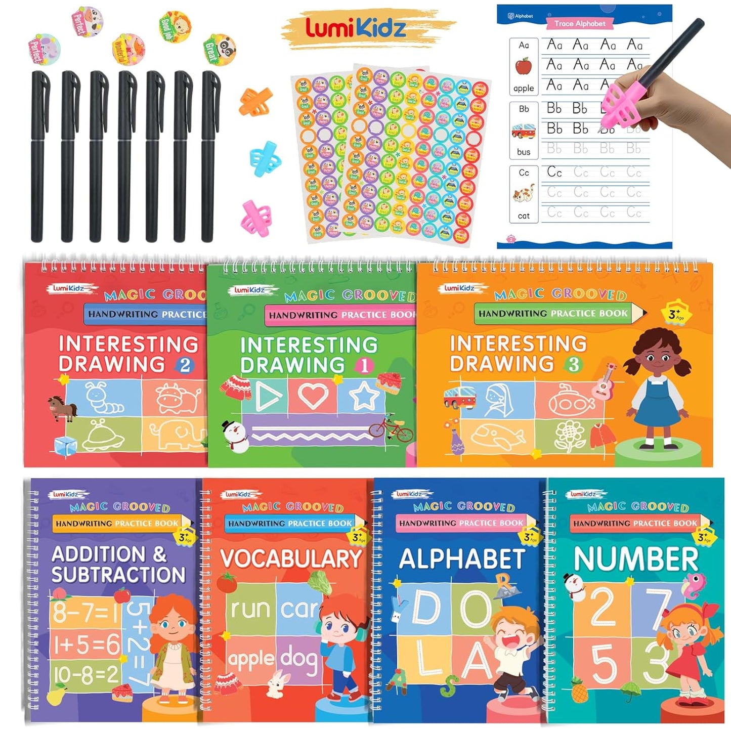 Magic Grooved Writing Practice for Ages 3-8, Grooved Handwriting Practice for Kids, Reusable Handwriting Book, Preschool Learning Activitys for Tracing Letters & Numbers, Gifts for 3 Year Old Boy