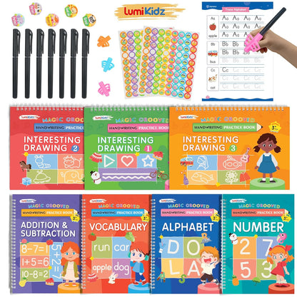 Magic Grooved Writing Practice for Ages 3-8, Grooved Handwriting Practice for Kids, Reusable Handwriting Book, Preschool Learning Activitys for Tracing Letters & Numbers, Gifts for 3 Year Old Boy