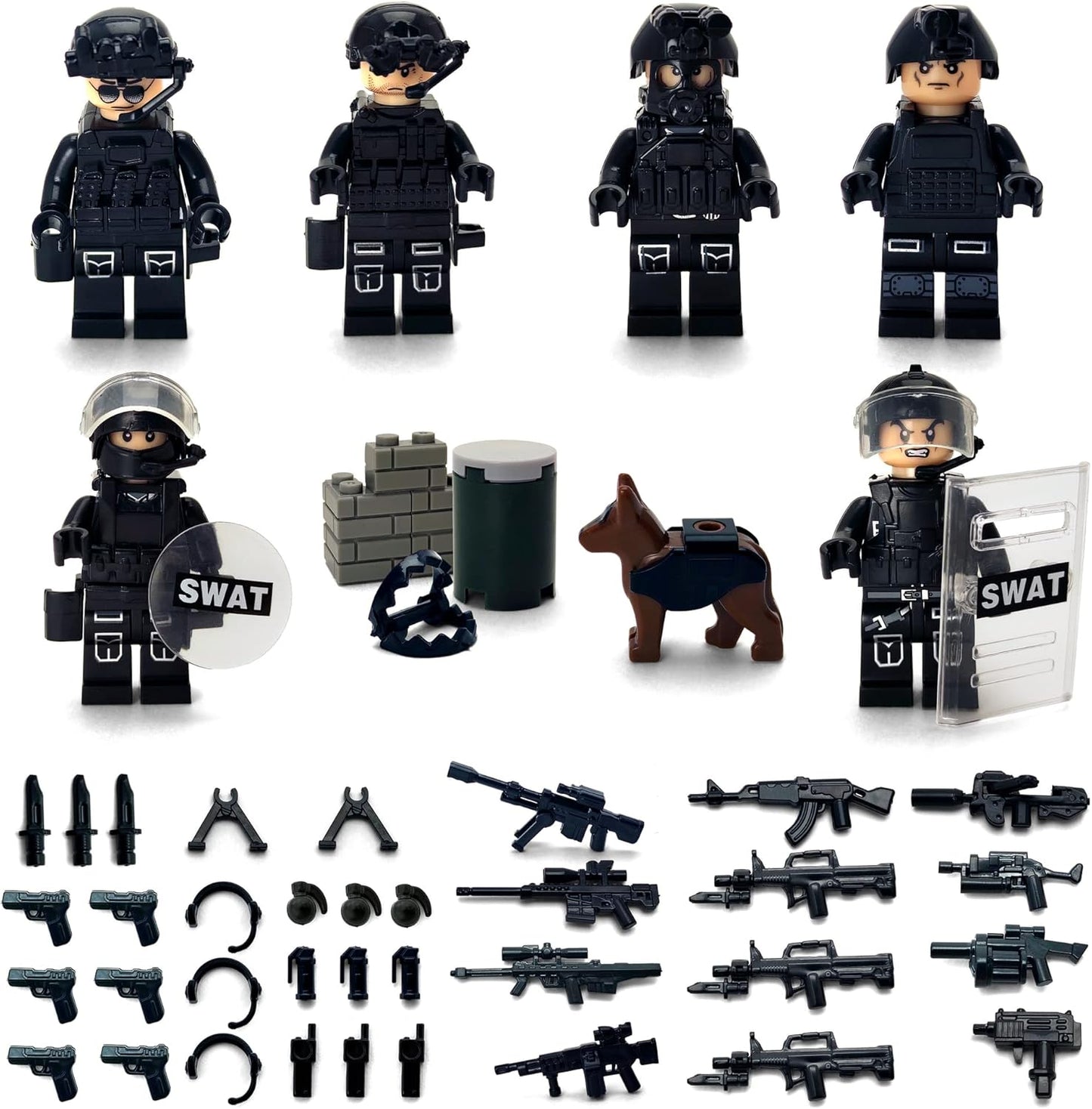 Toysvill SWAT Police Military Building Block Set with 6 Soldier Minifigures, Police Dog and Accessories