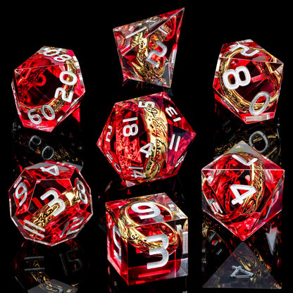 Magic Golden Ring DND Dice Set Sharp Edge Red Resin Dice with Box, for use with Dungeons Dragon RPG D&D Tabletop Games Lord D and D Polyhedral Dice Set