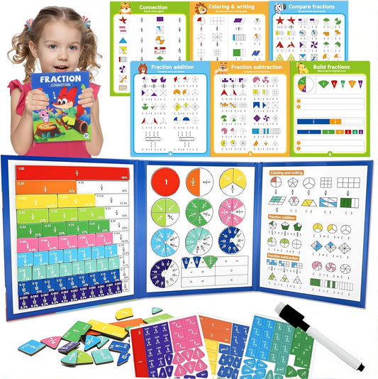 Magnetic Fraction Demenstration Book, Magnetic Fraction Educational Puzzle, Magnetic Fraction Tiles and Circles, Elementary Fraction Manipulatives, Montessori Math Teaching Aid for Kids (3 FOLD)