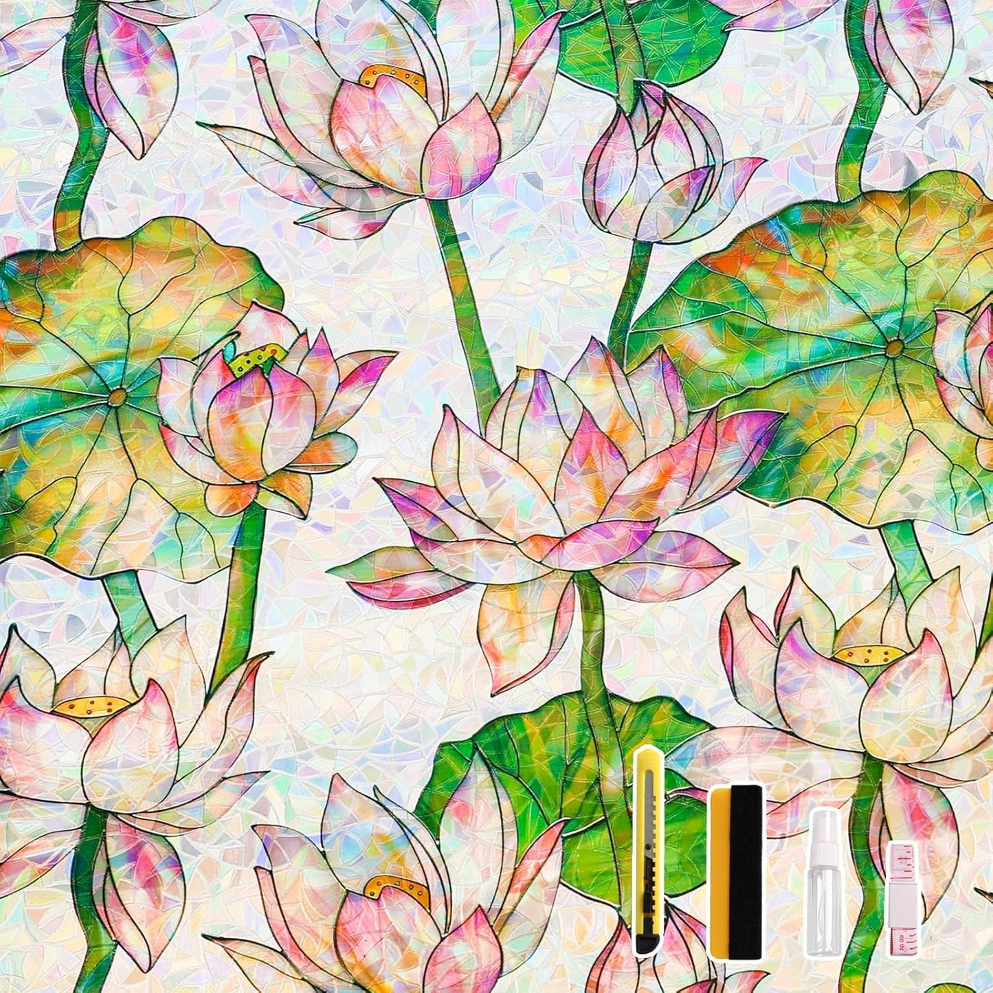 Donox Window Privacy Film Static Cling, Decorative Stained Glass Style Tint, Lotus Pattern with Rainbow Effect for Home and Office, UV Blocking No Glue Removable, 17.5 x 157.4 inches