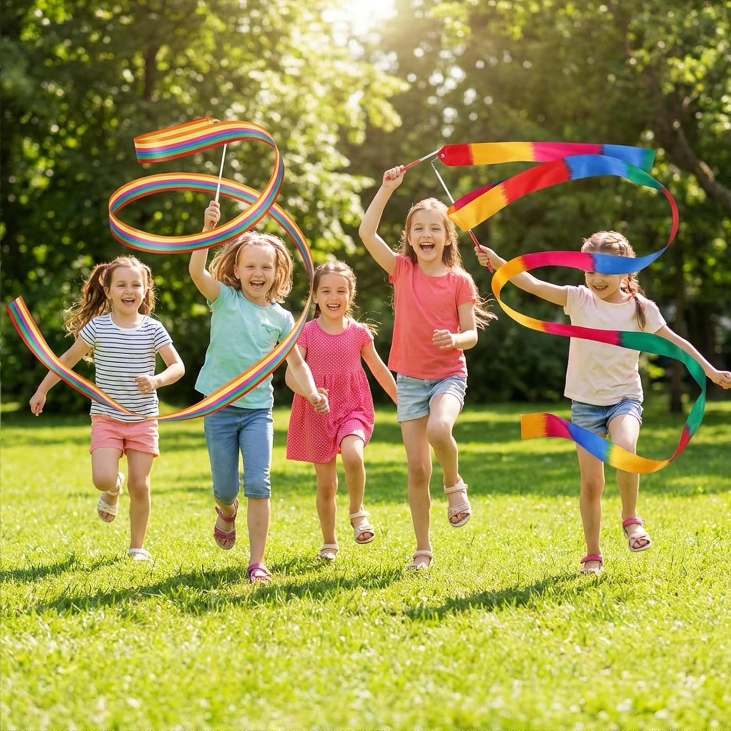 YGEOMER Ribbon Wands, 12pcs Rainbow Gymnastics Ribbons for Kids, Twirling Dance Sticks for Artistic Dancing, Talent Shows & Birthday Party Props